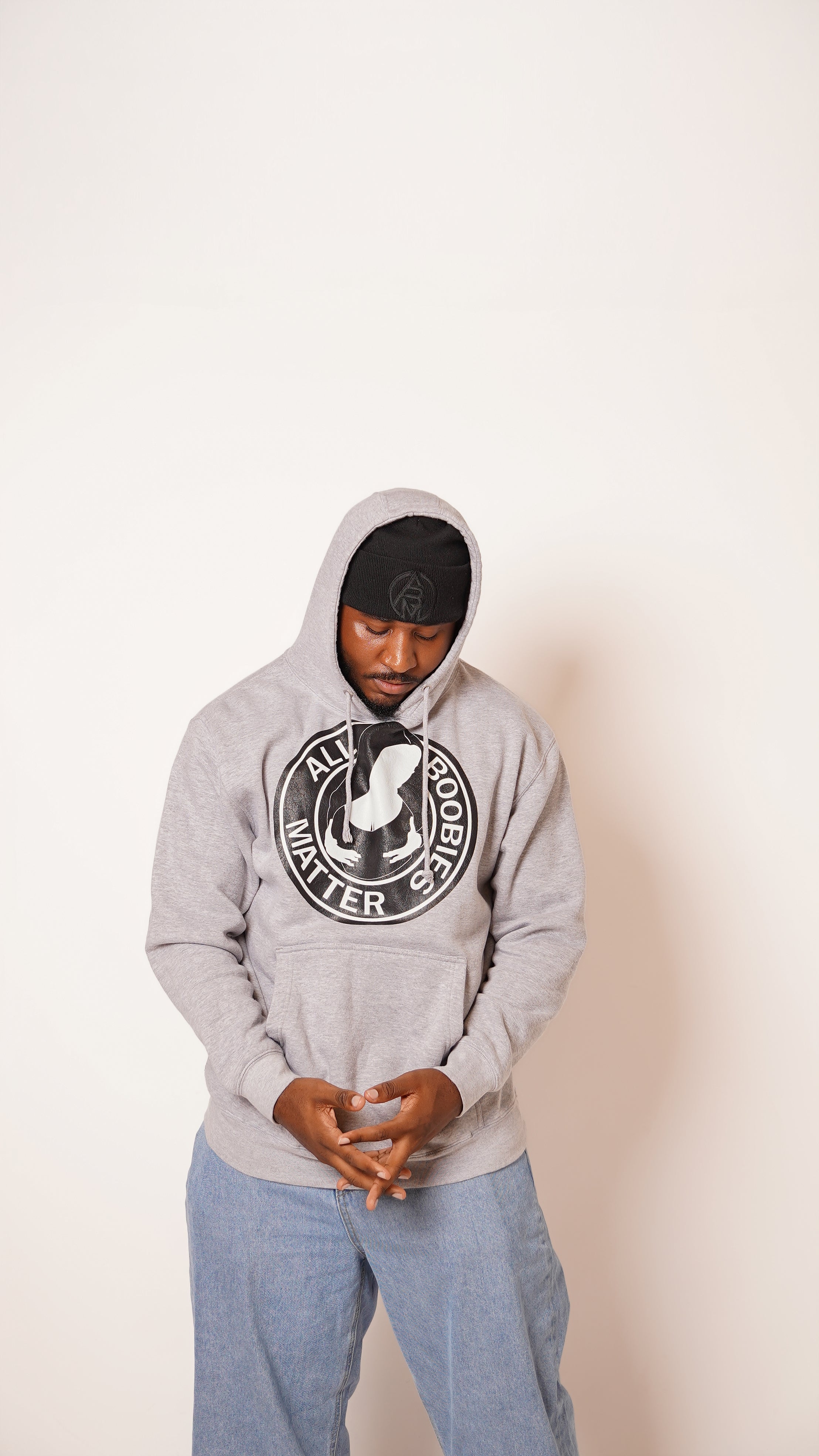 "All Boobies Matter Heavyweight Pullover Hoodie – Grey & Black