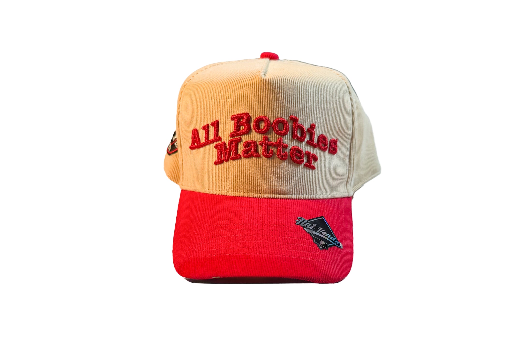 Two-tone cap with 'All Boobies Matter' text on a white background