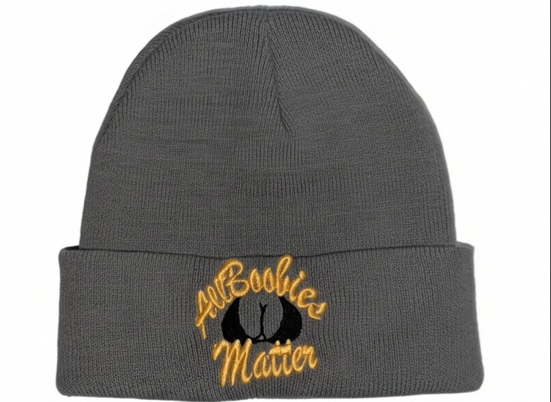 Gray beanie with embroidered text on a light gray background