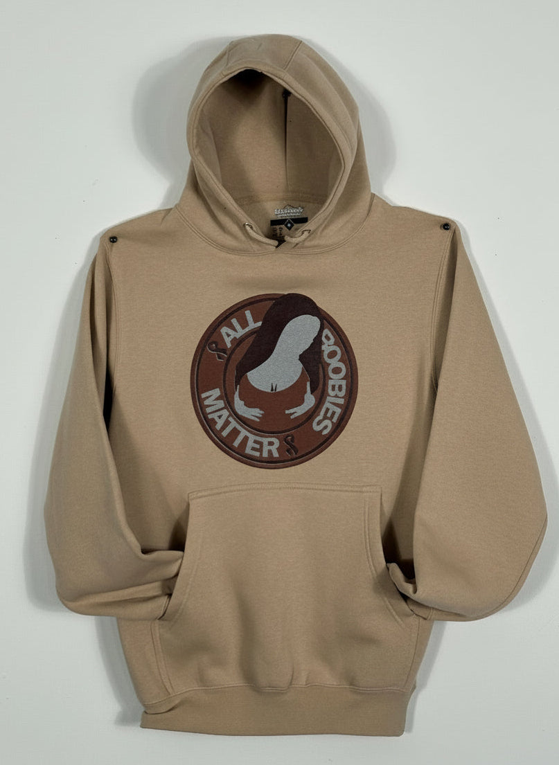 Beige hoodie with a logo on the chest against a white background